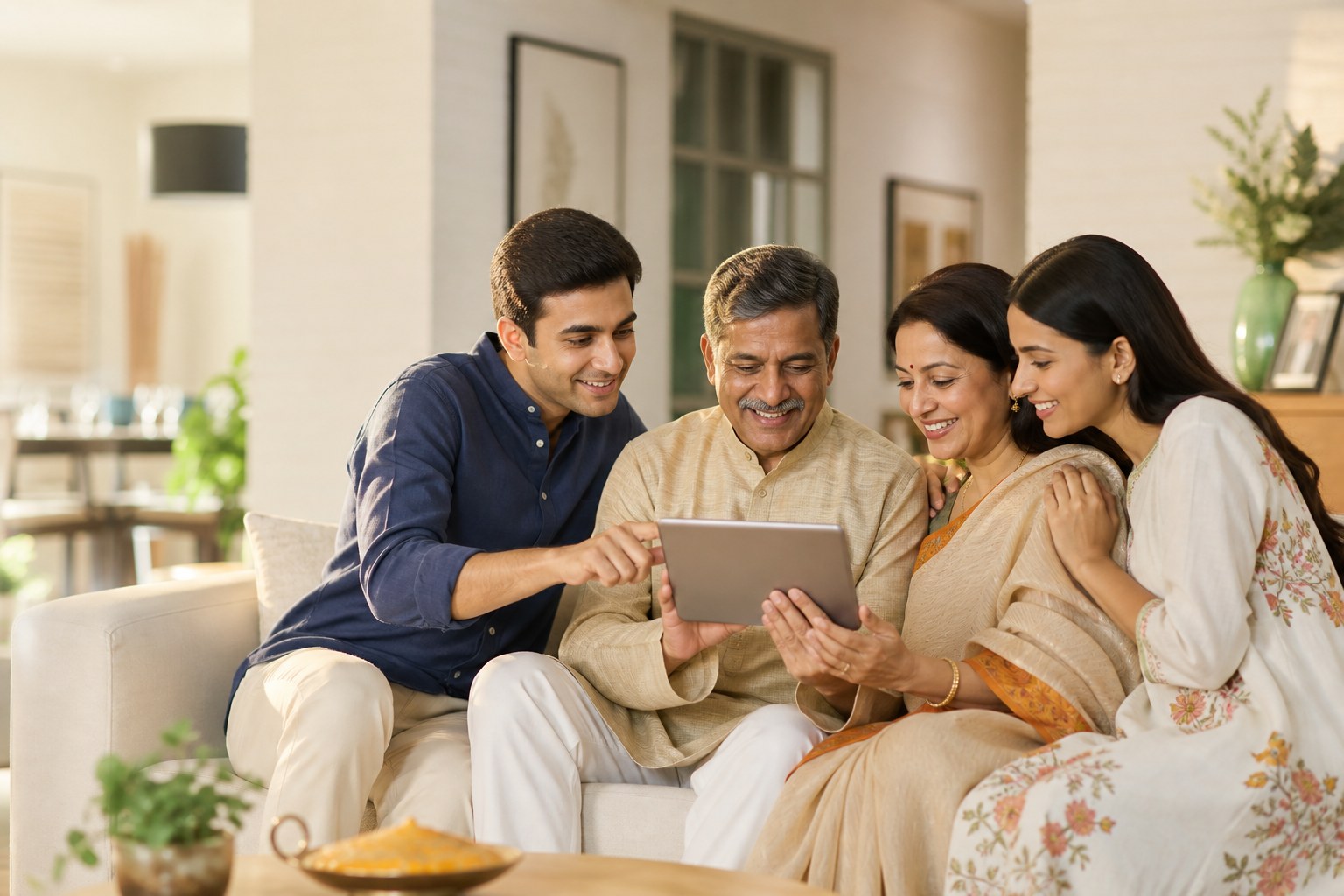 A family talking together while looking through matrimony profiles