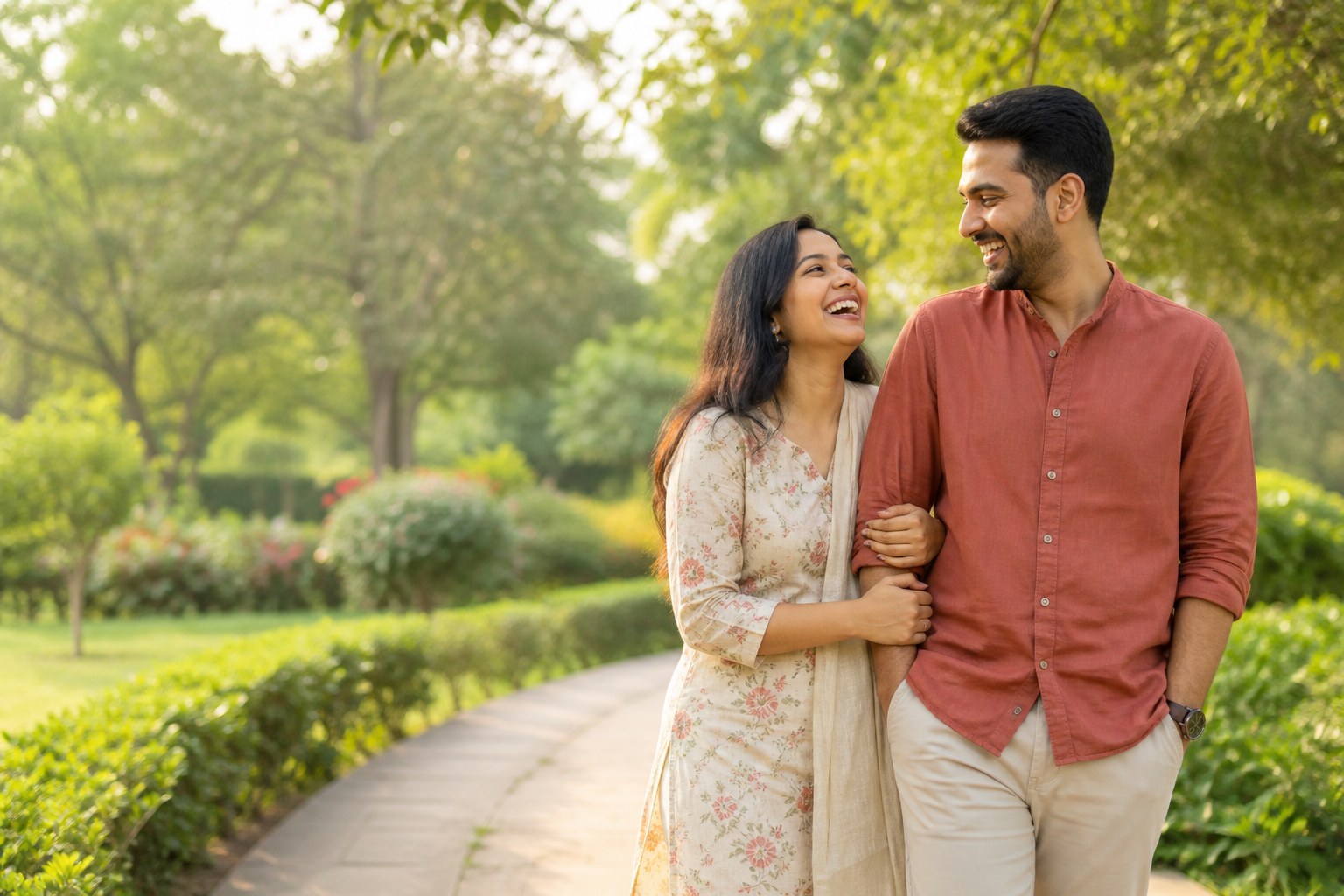 Indian couple walking together through a garden