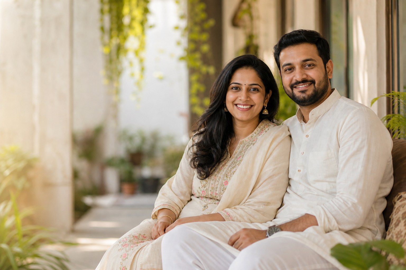 A smiling Indian couple enjoying time together on a veranda